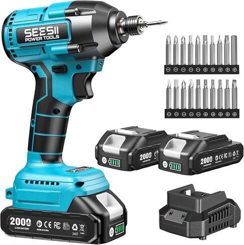 Seesii Impact Driver Kit, 21V Max Torque 1590In-lbs(180N.m) Cordless Impact Driver Set with Two 2.0Ah Battery, 1/4" Hex Chuck Power Impact Drill, 0-2500RPM Variable Speed, 20Pcs Drill Bits, QH150 in Kuwait