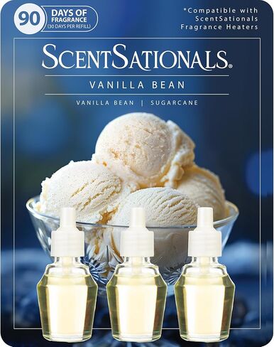 ScentSationals Vanilla Bean Fragrance Oil Plug In Air Freshener Refills 3-Pack - Works with Scentsationals Wall Plugs, Long-Lasting Home Fragrance, 0.8 fl oz Each, Packaging May Vary in Saudi Arabia