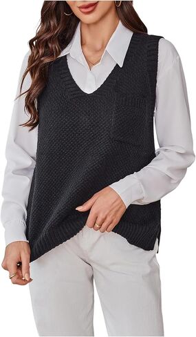 OYOANGLE Women's Sweater Vest V Neck Chest Pocket Side Slit Sleeveless Sweater Tops in Saudi Arabia