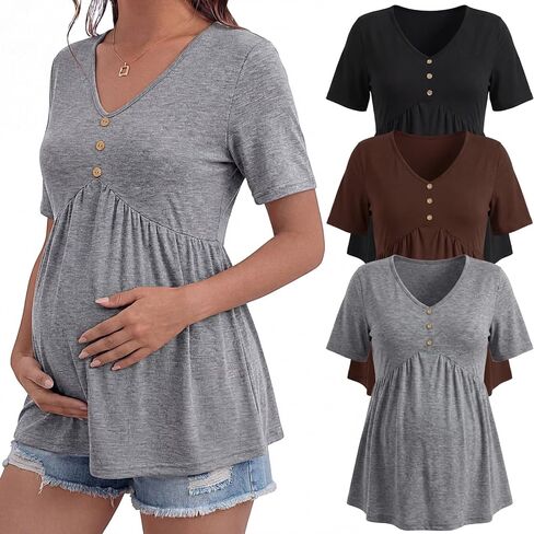 3 Pack Women Maternity Shirts Short Sleeve Pregnancy Tunic Tops 2026 Summer Casual V Neck Flowy Maternity Blouse in Saudi Arabia