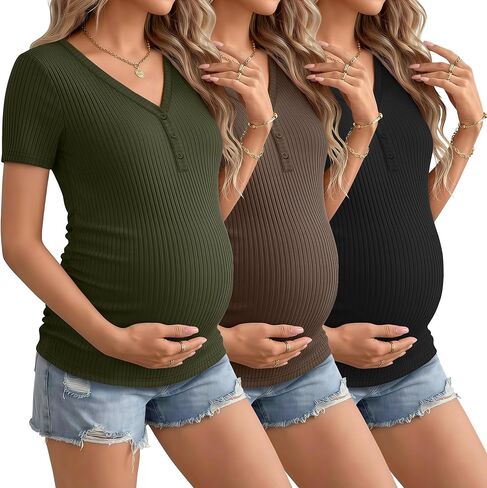 3 Pack Womens Maternity Shirts Short Sleeve Cotton Ribbed V Neck Pregnancy Clothes Henley Side Ruched Casual Tees in Saudi Arabia