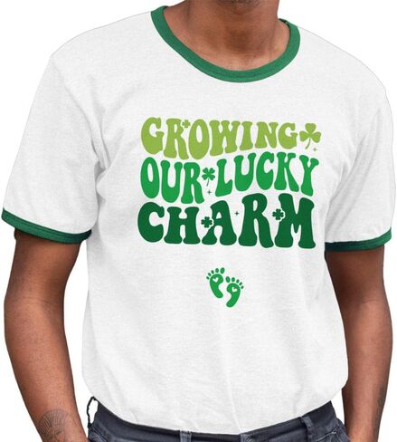 Growing Our Lucky Charm St. Patrick's Day Pregnancy Announcement Ringer Tee Shirt Unisex in Saudi Arabia