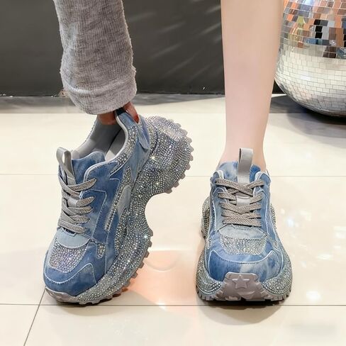 2.5 inch Platform Sneakers for Women Fashion Denim Shoes Shining Sparkly Rhinestone Non-Slip Lace Up Casual Comfort Walking in Saudi Arabia