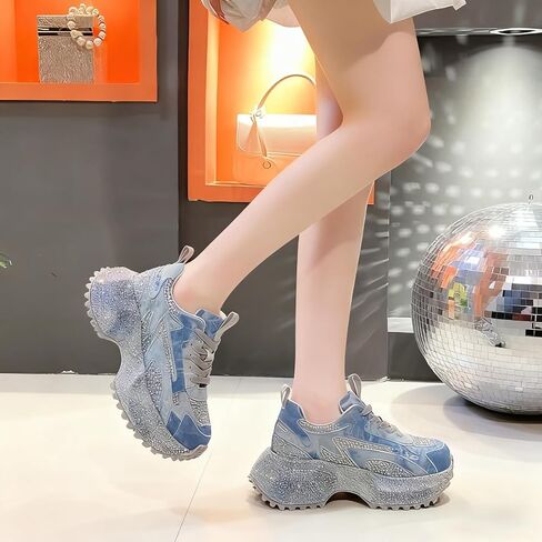 2.5 inch Platform Sneakers for Women Fashion Denim Shoes Shining Sparkly Rhinestone Non-Slip Lace Up Casual Comfort Walking in Saudi Arabia