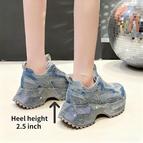 2.5 inch Platform Sneakers for Women Fashion Denim Shoes Shining Sparkly Rhinestone Non-Slip Lace Up Casual Comfort Walking in Saudi Arabia