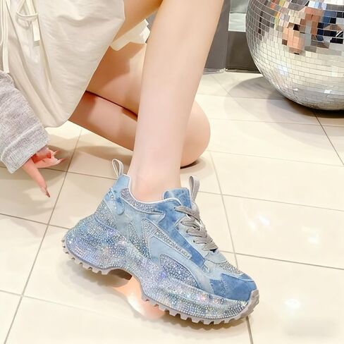 2.5 inch Platform Sneakers for Women Fashion Denim Shoes Shining Sparkly Rhinestone Non-Slip Lace Up Casual Comfort Walking in Saudi Arabia