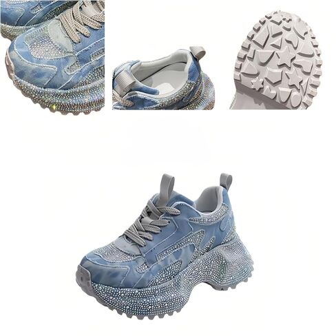 2.5 inch Platform Sneakers for Women Fashion Denim Shoes Shining Sparkly Rhinestone Non-Slip Lace Up Casual Comfort Walking in Saudi Arabia