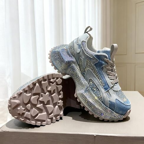 2.5 inch Platform Sneakers for Women Fashion Denim Shoes Shining Sparkly Rhinestone Non-Slip Lace Up Casual Comfort Walking in Saudi Arabia