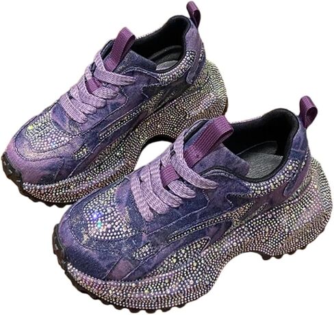 2.5 inch Platform Sneakers for Women Fashion Denim Shoes Shining Sparkly Rhinestone Non-Slip Lace Up Casual Comfort Walking in Saudi Arabia