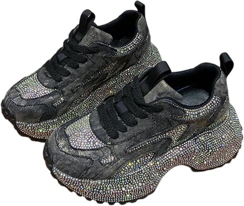 2.5 inch Platform Sneakers for Women Fashion Denim Shoes Shining Sparkly Rhinestone Non-Slip Lace Up Casual Comfort Walking in Saudi Arabia