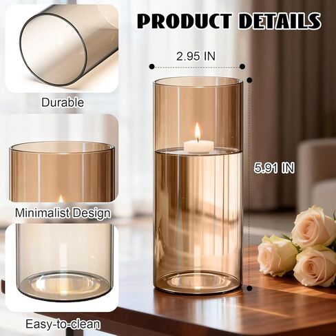 12pcs Amber Glass Cylinder Vases for Centerpieces, Gold 6 Inch Clear Flower Vases for Wedding Decorations and Indoor Home Decor, Hurricane Candle Holder for Table Shelf, Party in Saudi Arabia