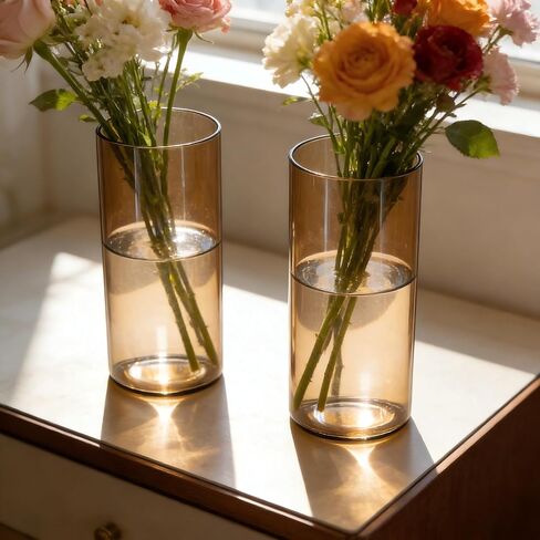 12pcs Amber Glass Cylinder Vases for Centerpieces, Gold 6 Inch Clear Flower Vases for Wedding Decorations and Indoor Home Decor, Hurricane Candle Holder for Table Shelf, Party in Saudi Arabia