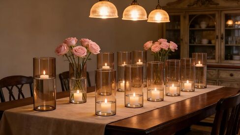 12pcs Amber Glass Cylinder Vases for Centerpieces, Gold 6 Inch Clear Flower Vases for Wedding Decorations and Indoor Home Decor, Hurricane Candle Holder for Table Shelf, Party in Saudi Arabia