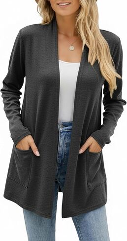 سترة نسائية خفيفة الوزن بأكمام طويلة من Newchoice مع جيوب للصيف كاجوال مفتوحة من الأمام سترة صوفية منفضة in Kuwait