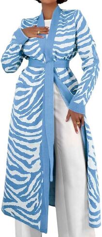 chouyatou Women's Fall Open Front Color Block Long Cardigan Sweater Casual Loose Striped Belted Coatigan in Saudi Arabia