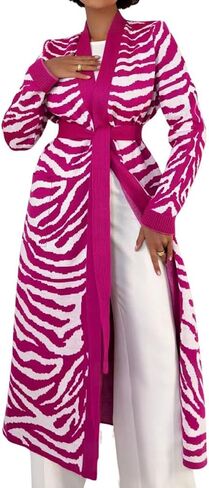 chouyatou Women's Fall Open Front Color Block Long Cardigan Sweater Casual Loose Striped Belted Coatigan in Saudi Arabia