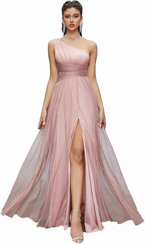 فستان سهرة طويل نسائي بكتف واحد من التول اللامع مع فتحة عالية عند الخصر لحفلات الزفاف in Kuwait