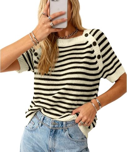 سترة نسائية مخططة، سترة محبوكة برقبة دائرية، أكمام قصيرة، ملابس علوية خفيفة الوزن، تي شيرت صيفي كاجوال in Kuwait