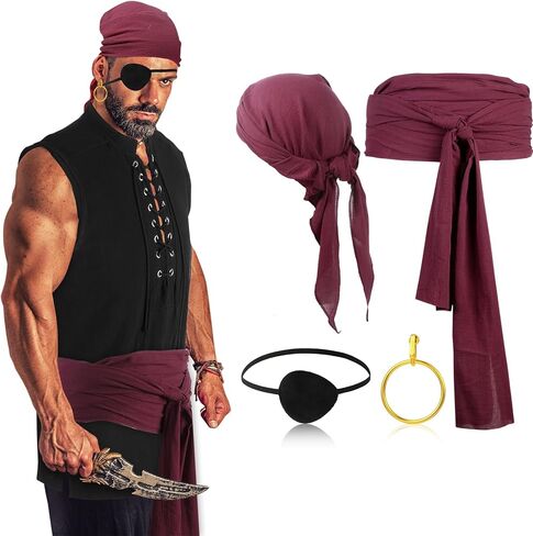 Boyiee 5 Pcs Men Pirate Costume Set for Women Adult Medieval Renaissance Shirt Bandana Sash Belt for Halloween Cosplay Party in Saudi Arabia