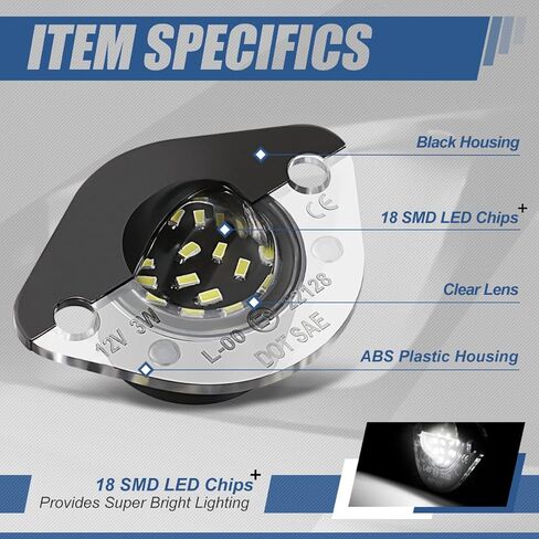 Auto Dynasty License Plate Light Compatible with 1994-2004 Ford Mustang, Rear Full White 18 SMD LED License Plate Lamps, Pair, Black Housing Clear Lens in Saudi Arabia