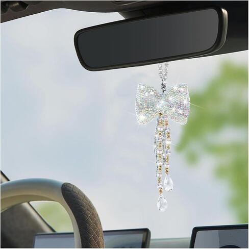 Bling Bow Car Rear View Mirror Pendant, Cute Crystal Rhinestone Vehicle Rearview Mirror Hanging Ornament, Diamond Auto Interior Decoration Charms, Universal for Truck SUV Sedan (Red) in Saudi Arabia