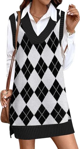 Zeagoo Womens Sweater Vest Winter Tank Sweater Dress V Neck Knitted Pullovers Sweaters Plaid M in Saudi Arabia