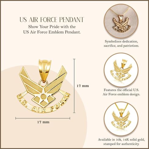 10K & 14K United States Air Force Emblem Officially Licensed Pendant Necklace Available in Yellow, White or Rose Gold in Saudi Arabia
