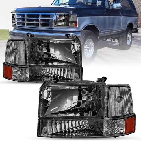 JSBOYAT 6pcs Headlight Assembly Replacement with Bumper Corner Headlamp for 1992 to 1996 Ford F150 Bronco 1992 to 1997 F250 F350 Super Duty (Chrome Housing with Amber Reflector) in Saudi Arabia