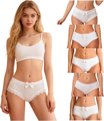 Womens Underwear for Women 5 Packs Panties Cute Cotton Kawaii Japanese-Style Bow Lace Ruffled Frilly in Saudi Arabia