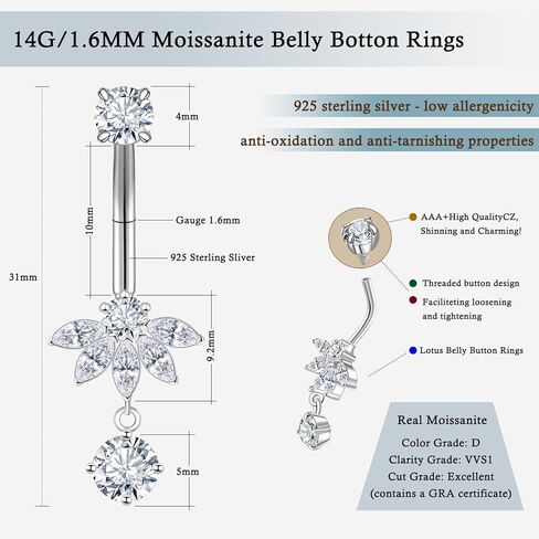 14G/1.6MM Moissanite Lotus Belly Button Rings - 925 Sterling Silver 14G/1.6MM Moissanite Dangle Belly Navel Piercing Rings for Women Beach Festival Christmas Body Jewelry Gifts (1.5ct) in Saudi Arabia