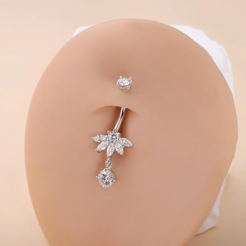 14G/1.6MM Moissanite Lotus Belly Button Rings - 925 Sterling Silver 14G/1.6MM Moissanite Dangle Belly Navel Piercing Rings for Women Beach Festival Christmas Body Jewelry Gifts (1.5ct) in Saudi Arabia