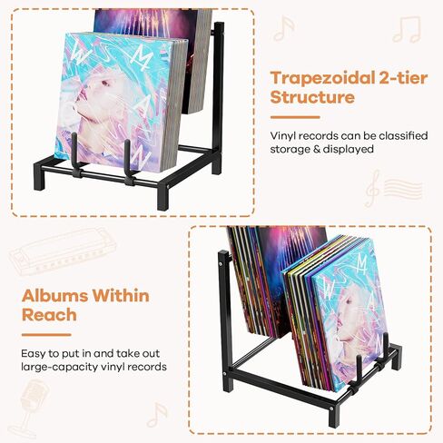 تخزين تسجيلات الفينيل، حامل تسجيلات معدني أسود بطبقتين، رف تخزين تسجيلات الفينيل الصلب الصلب، منظم ألبوم بسيط، حل تخزين أنيق لمجموعتك in Kuwait