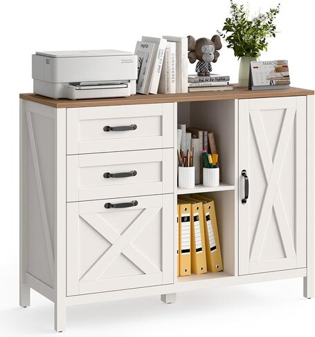 خزانة ملفات جانبية مع 3 أدراج وباب، خزانة ملفات للمزرعة مع رف قابل للتعديل لملفات التعليق بحجم Letter/A4، حامل طابعة مع خزانة تخزين لأثاث المكاتب المنزلية، أبيض in Kuwait