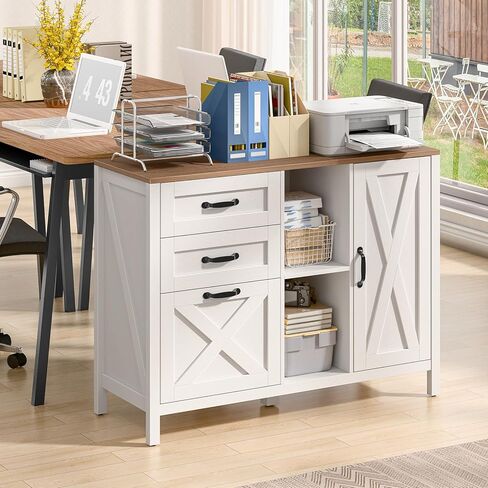 خزانة ملفات جانبية مع 3 أدراج وباب، خزانة ملفات للمزرعة مع رف قابل للتعديل لملفات التعليق بحجم Letter/A4، حامل طابعة مع خزانة تخزين لأثاث المكاتب المنزلية، أبيض in Kuwait