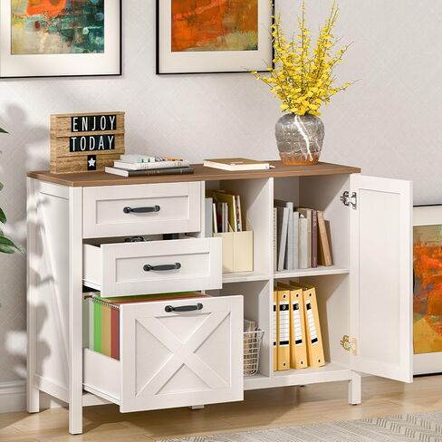 خزانة ملفات جانبية مع 3 أدراج وباب، خزانة ملفات للمزرعة مع رف قابل للتعديل لملفات التعليق بحجم Letter/A4، حامل طابعة مع خزانة تخزين لأثاث المكاتب المنزلية، أبيض in Kuwait