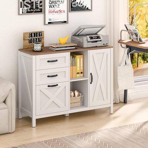 خزانة ملفات جانبية مع 3 أدراج وباب، خزانة ملفات للمزرعة مع رف قابل للتعديل لملفات التعليق بحجم Letter/A4، حامل طابعة مع خزانة تخزين لأثاث المكاتب المنزلية، أبيض in Kuwait