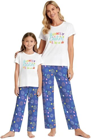 MI X TEE 2Pcs Mommy and Me Easter Matching Outfits, Rabbit T-Shirt With Pants, Eggs Short Sleeve Pjs, Women's Pajamas in Saudi Arabia