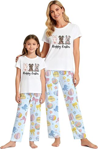 MI X TEE 2Pcs Mommy and Me Easter Matching Outfits, Rabbit T-Shirt With Pants, Eggs Short Sleeve Pjs, Women's Pajamas in Saudi Arabia