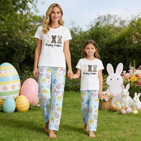 MI X TEE 2Pcs Mommy and Me Easter Matching Outfits, Rabbit T-Shirt With Pants, Eggs Short Sleeve Pjs, Women's Pajamas in Saudi Arabia