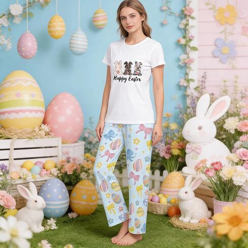 MI X TEE 2Pcs Mommy and Me Easter Matching Outfits, Rabbit T-Shirt With Pants, Eggs Short Sleeve Pjs, Women's Pajamas in Saudi Arabia