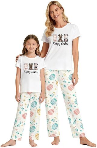 MI X TEE 2Pcs Mommy and Me Easter Matching Outfits, Rabbit T-Shirt With Pants, Eggs Short Sleeve Pjs, Women's Pajamas in Saudi Arabia