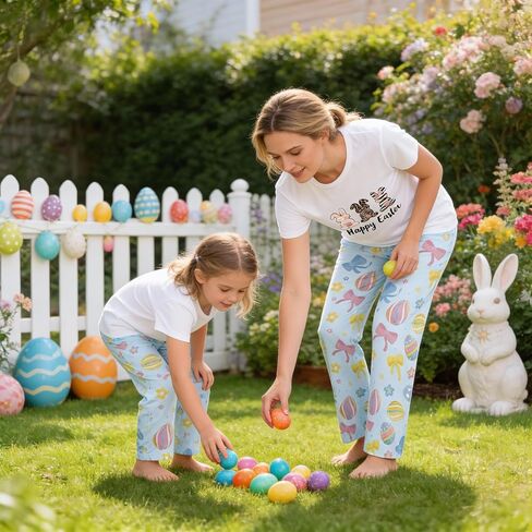 MI X TEE 2Pcs Mommy and Me Easter Matching Outfits, Rabbit T-Shirt With Pants, Eggs Short Sleeve Pjs, Women's Pajamas in Saudi Arabia
