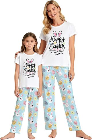 MI X TEE 2Pcs Mommy and Me Easter Matching Outfits, Rabbit T-Shirt With Pants, Eggs Short Sleeve Pjs, Women's Pajamas in Saudi Arabia