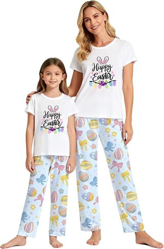 MI X TEE 2Pcs Mommy and Me Easter Matching Outfits, Rabbit T-Shirt With Pants, Eggs Short Sleeve Pjs, Women's Pajamas in Saudi Arabia