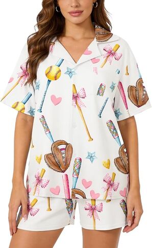 Women's 2 Piece Pajama Set Button Down Short Sleeve Lapel Shirt and Shorts Cute Print Sleepwear Pjs Sets in Kuwait