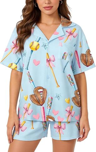 Women's 2 Piece Pajama Set Button Down Short Sleeve Lapel Shirt and Shorts Cute Print Sleepwear Pjs Sets in Kuwait