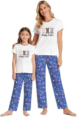 MI X TEE 2Pcs Mommy and Me Easter Matching Outfits, Rabbit T-Shirt With Pants, Eggs Short Sleeve Pjs, Women's Pajamas in Saudi Arabia