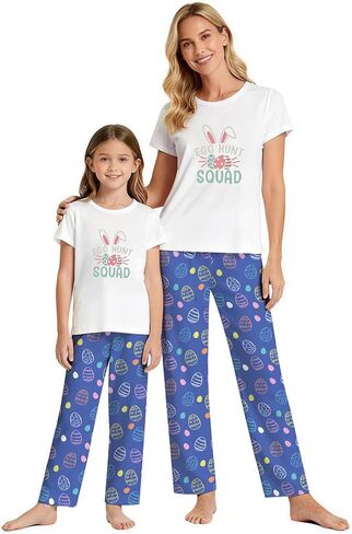 MI X TEE 2Pcs Mommy and Me Easter Matching Outfits, Rabbit T-Shirt With Pants, Eggs Short Sleeve Pjs, Women's Pajamas in Saudi Arabia