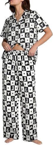 ALLTB Womens Satin Silk Pajama Set 2 Piece Button Down Pajamas Short Sleeve Shirt Long Pant Silk Sleepwear Set in Saudi Arabia