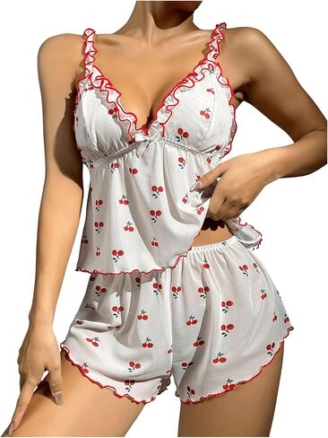 Floerns Women's 2 Piece Pajama Set Cherry Graphic Lettuce Trim Camisole and Shorts Sleepwear in Saudi Arabia